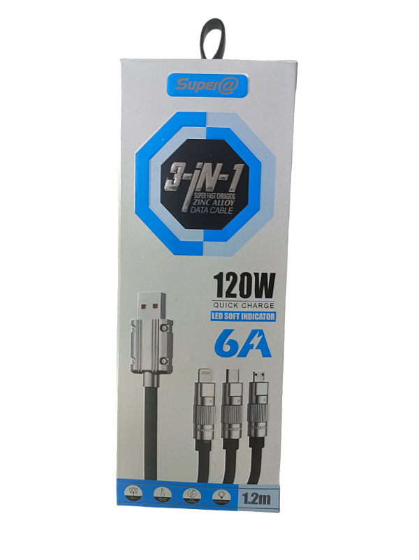 Cabo USB 3 em 1 Supera CA-880 120W – Carregamento Rápido T-C/V8/iOS