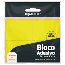 BLOCO ADESIVO AMARELO NEON C/ 4 BLOCOS 100 FOLHAS CADA