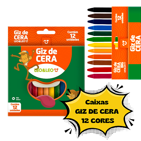 Kit Giz de cera 12 cores Leoleo material escolar atacado