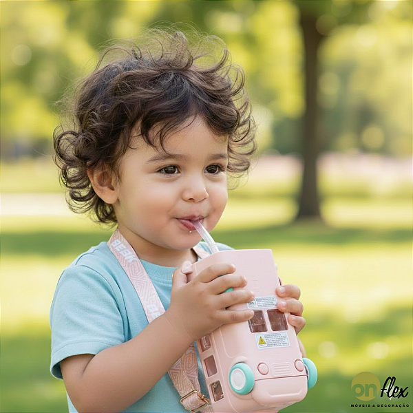Garrafa de Água e Suco Infantil Ônibus 500ml Rosa Plástico