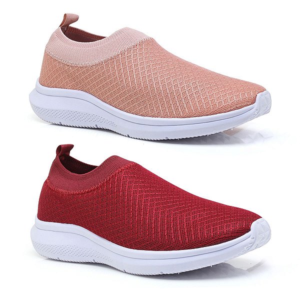 Tênis Meia Original Slip On Sem Cadarço Elástico Bege e Vermelho