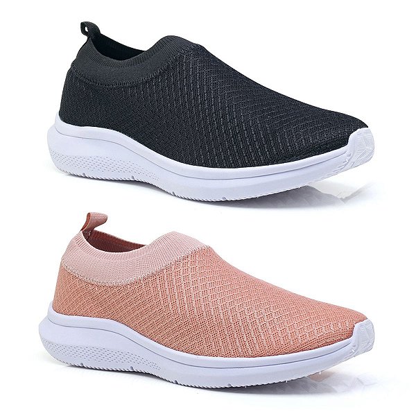 Tênis Meia Original Slip On Sem Cadarço Elástico Bege e Preto