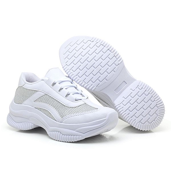 Tênis Feminino Plataforma Casual Sneakers Branco Glíter