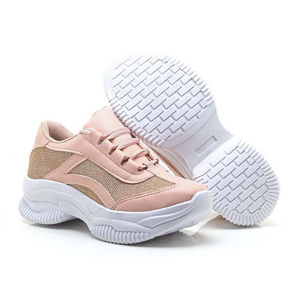 Tênis Feminino Plataforma Casual Sneakers Bege Glíter