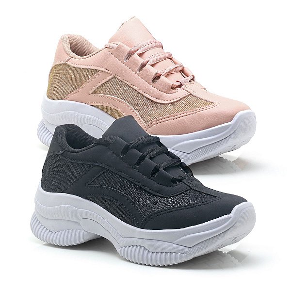 Kit 2 Tênis Feminino Plataforma Casual Sneakers Bege Glíter e Preto Glíter