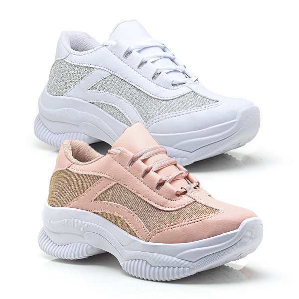 Kit 2 Tênis Feminino Plataforma Casual Sneakers Bege Glíter e Branco Glíter