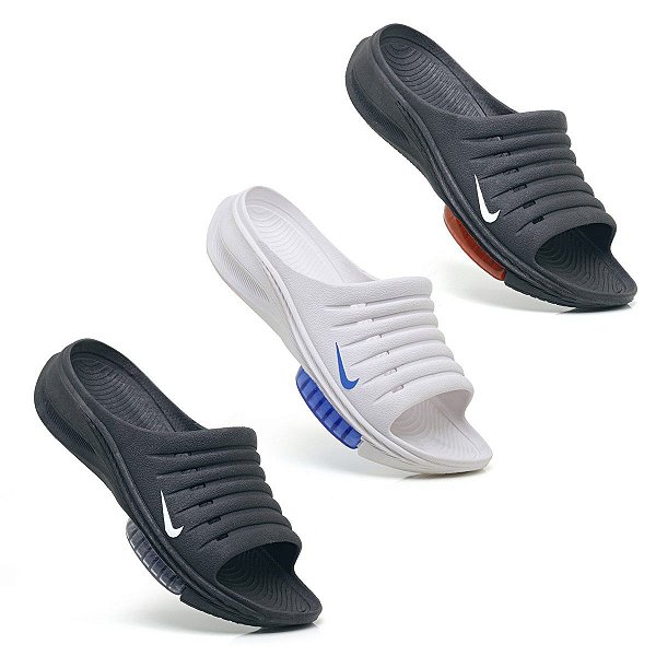 Kit 3 Chinelo Slide Nike Zoom Masculino Sandália Todo Preto, Branco Azul e Preto Vermelho