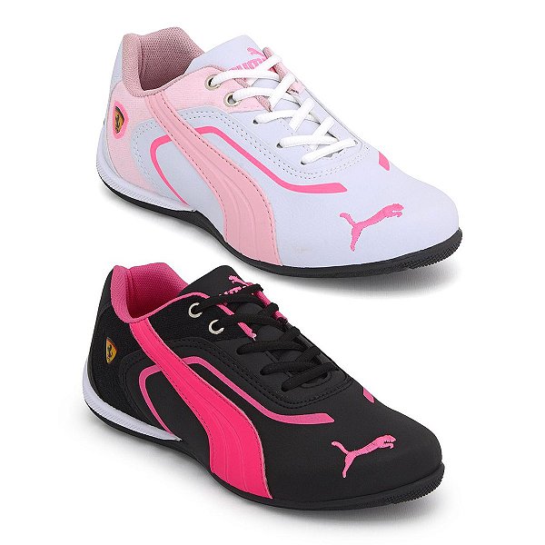 Kit 2 Tênis Puma Ferrari New Feminino Branco Rosa e Preto Pink