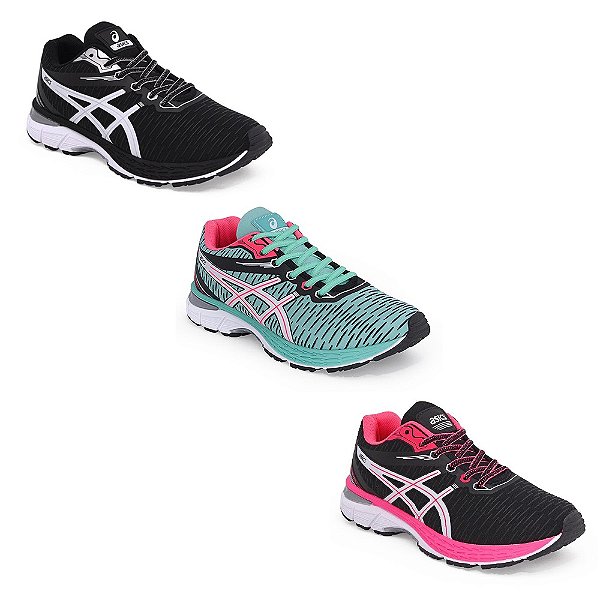 Kit 3 Tênis Feminino Asics Revelation Feminino Preto Branco, Preto Rosa e Verde Agua