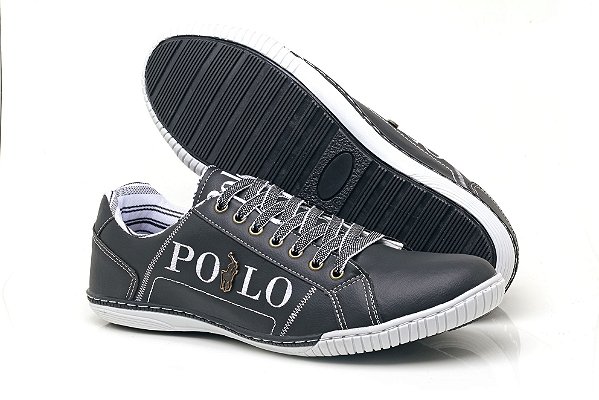 Tênis Polo em Couro Sintético Costurado Preto Branco - Loja de Calçados  Online | THOWS