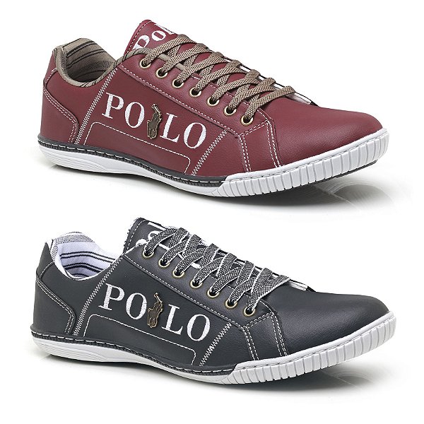 Kit 2 Tênis Polo em Couro Sintético Costurado Bordo e Preto Branco