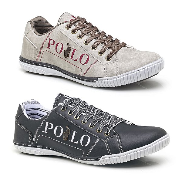 Kit 2 Tênis Polo em Couro Sintético Costurado Bege e Preto Branco