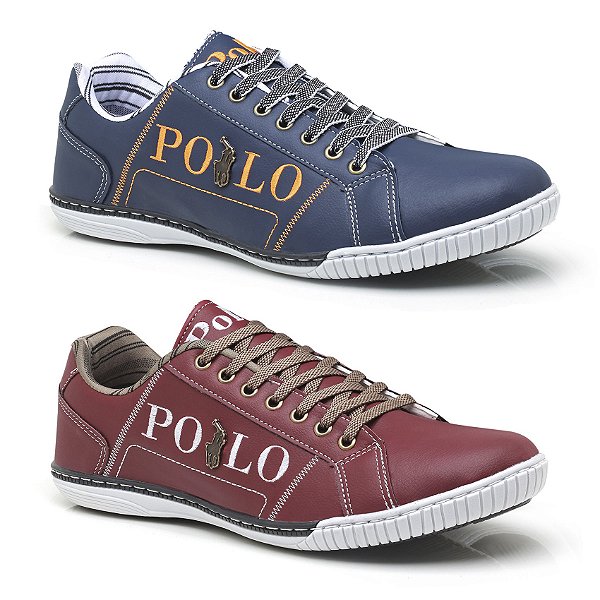 Kit 2 Tênis Polo Couro Sintético Costurado Bordo e Marinho