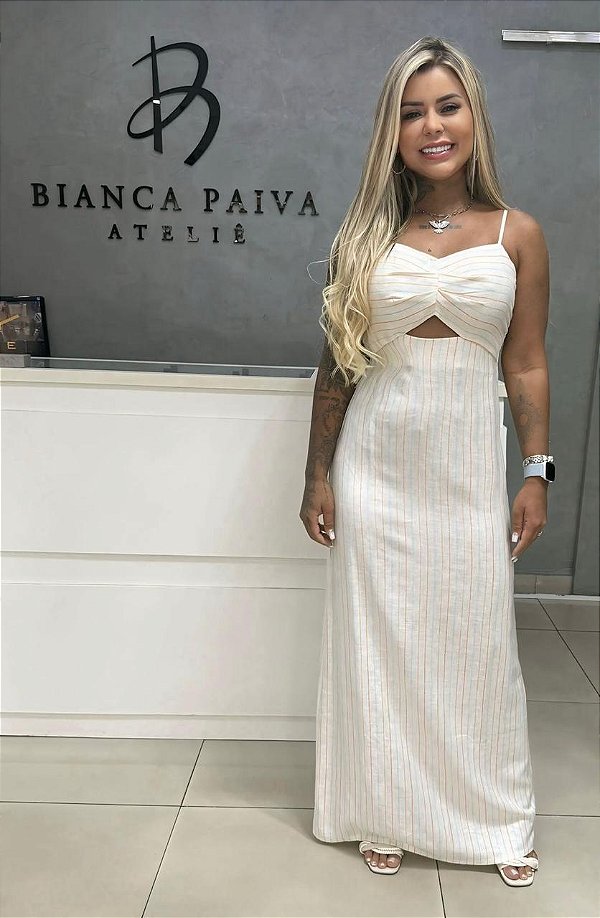 VESTIDO MY PLACE MIDI LISTRAS COLORIDAS CREME M
