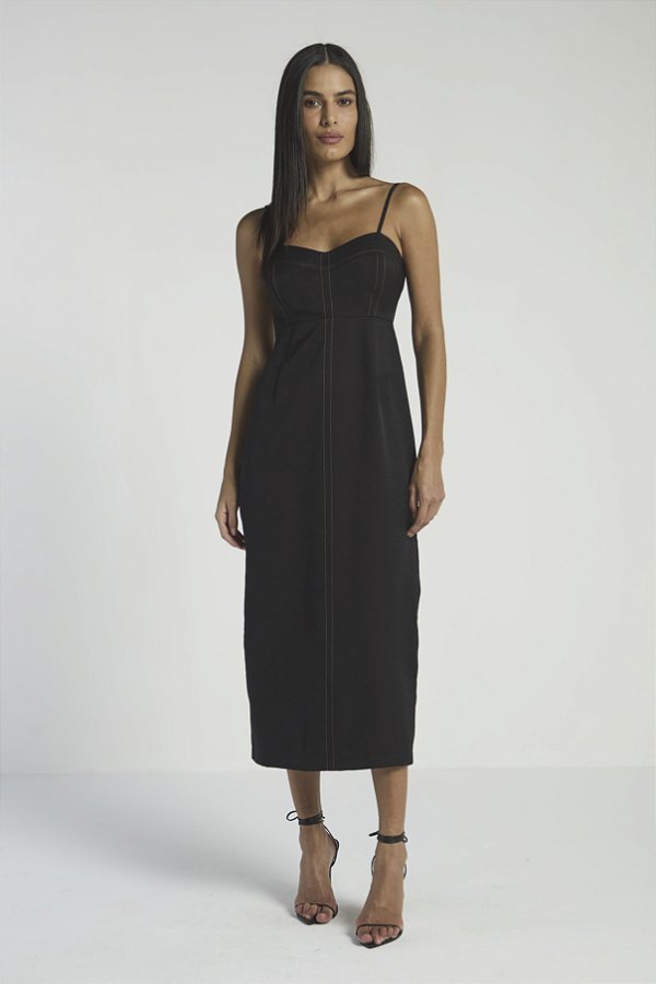 VESTIDO MY PLACE MIDI PESPONTOS PRETO / CARAMELO G