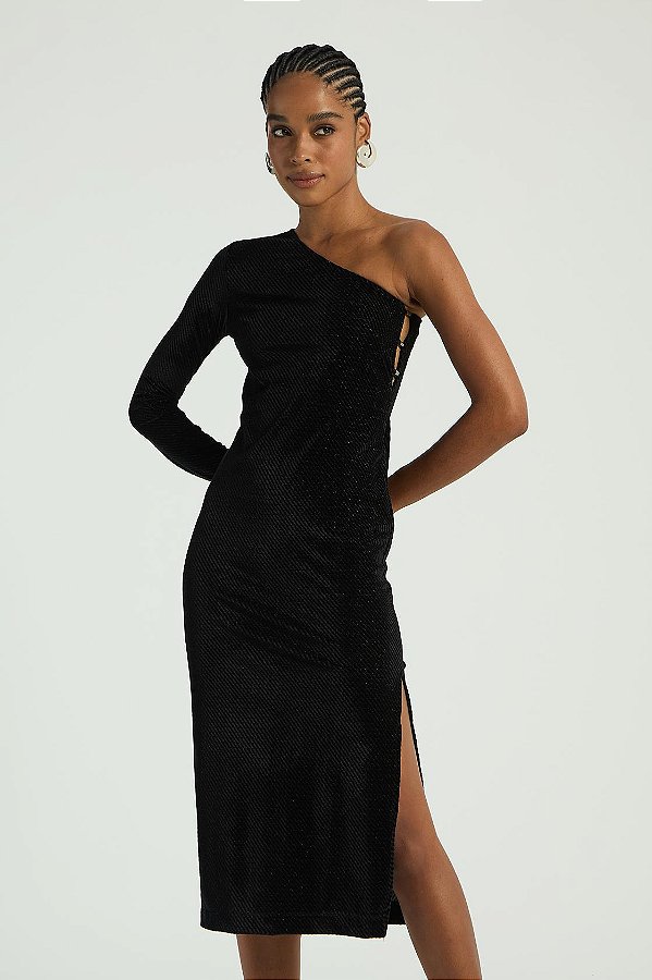 VESTIDO VELUDO MY PLACE MIDI 1 OMBRO PRETO P