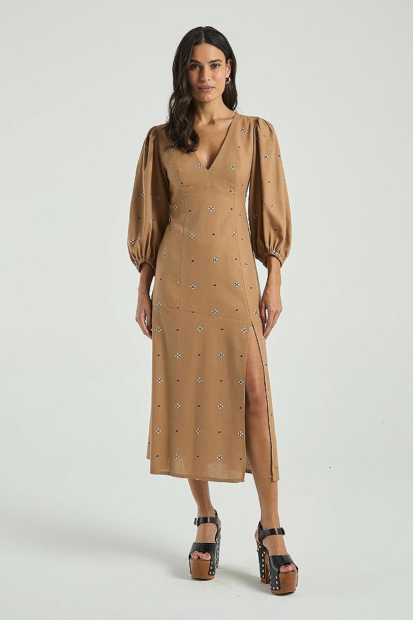 VESTIDO MY PLACE LINHO BORDADO BEGE ESCURO P