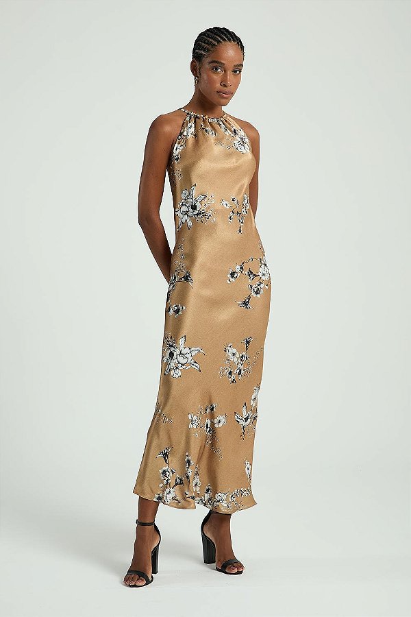 VESTIDO MY PLACE CETIM EST FLORAL P & B BEGE P