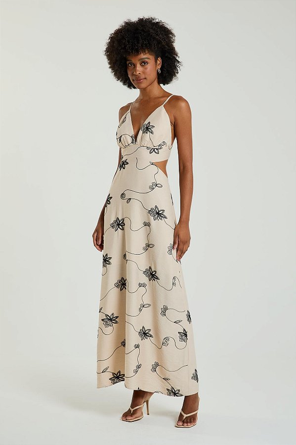 VESTIDO LONGO MY PLACE BORDADO CORDA MARFIM/PRETO M