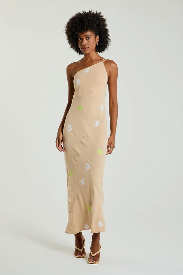 VESTIDO 1 OMBRO MY PLACE FLORES BORDADAS AMENDOA G