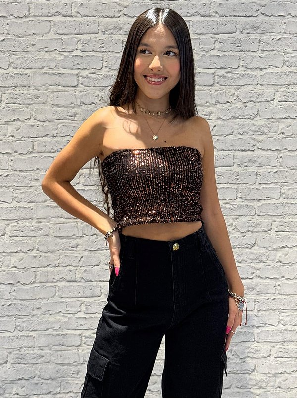 Top Tomara Que Caia Paetê Dourado