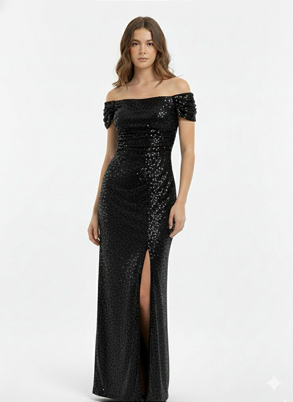 Vestido Longo de Paetê Ombro a Ombro com Fenda Frontal