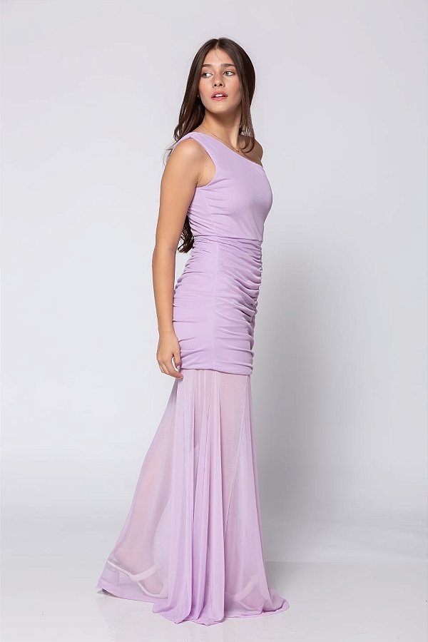 Vestido Longo Tule Drapeado Lilás