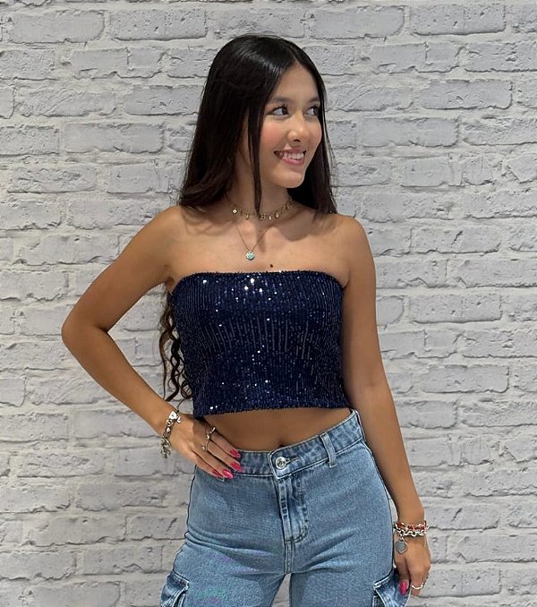 Top Tomara Que Caia Paetê Azul