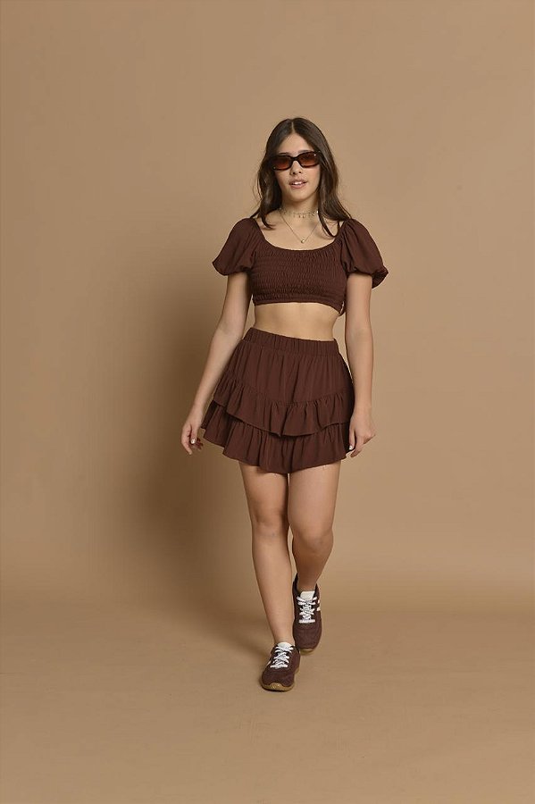 Saia Shorts Malha com Babados Marrom