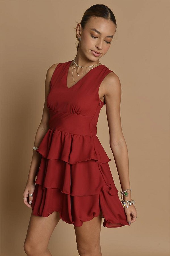 Vestido de Crepe Decote V Vermelho