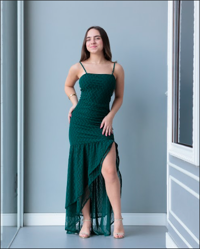 Vestido Longo de Tule com Fenda Verde