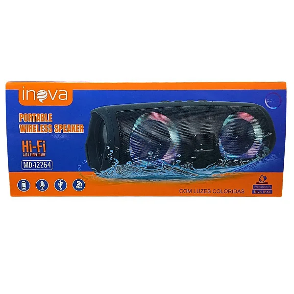 Caixa de Som Bluetooth Inova MD-12264 - Som Potente, LED RGB, Rádio FM e Bateria Recarregável