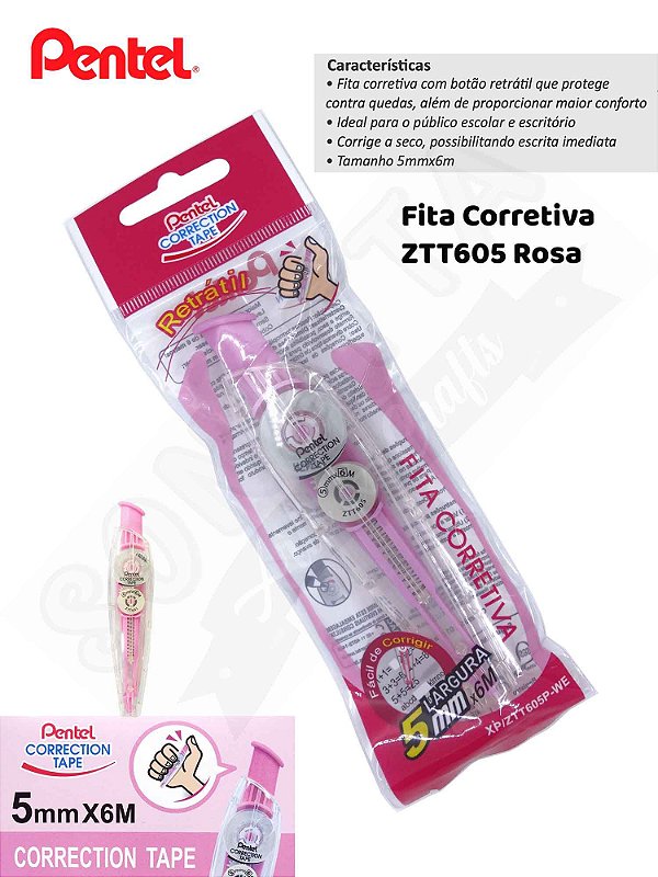 Fita Corretiva PENTEL Correction Tape Rosa - ZTT605P