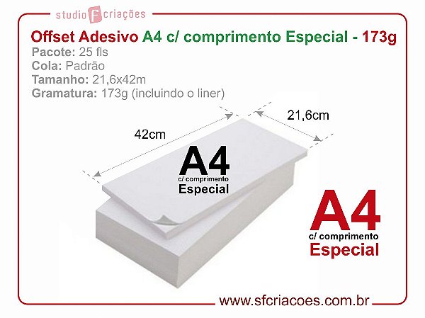 Pct 25 fls papel offset adesivo - A4 c/ comprimento Especial - 21,6x42cm