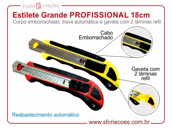 Estilete Grande PROFISSIONAL 18cm - Cabo emborrachado, trava automática e 2 lâminas refil