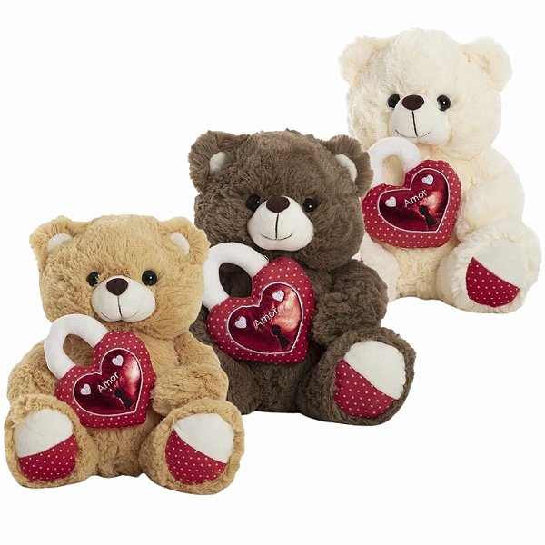 Urso de Pelúcia C/ Coração 30cm em Poliéster Fizzy