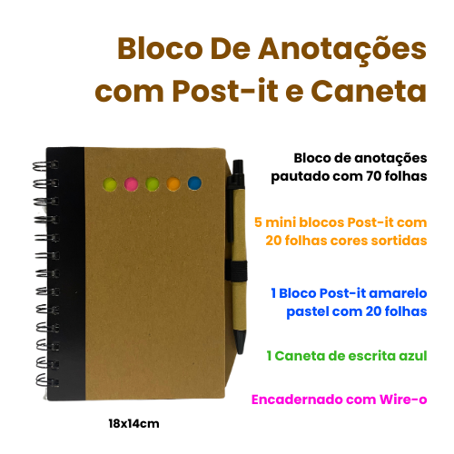 Bloco de Anotações com Caneta Lateral e Post It 18x14cm