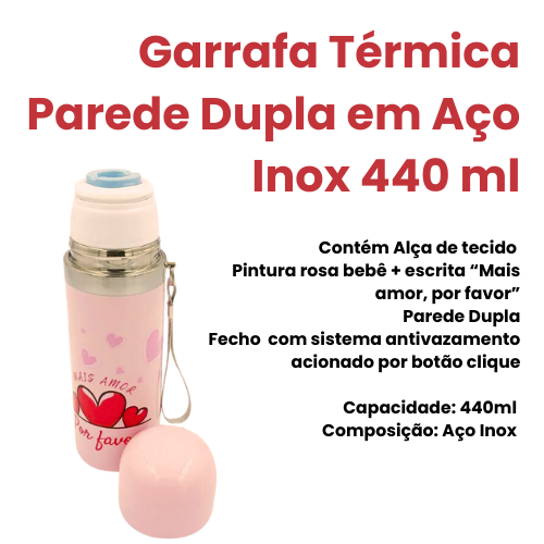 Garrafa Parede Dupla Aço Inox - Rosa 440ml