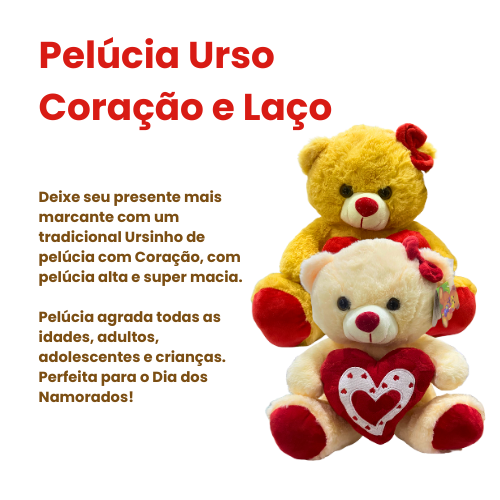 Urso de Pelúcia com Laço e Coração 30cm - Fizzy