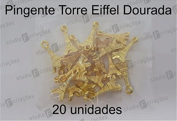20 Pingente Torre Eiffel Dourada 2x0,8cm (pacote com 20 unidades)