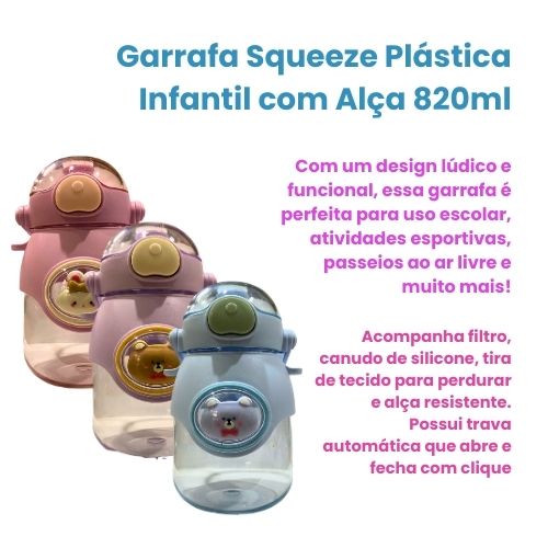 Garrafa Squeeze Plástica Infantil com Alça 820ml
