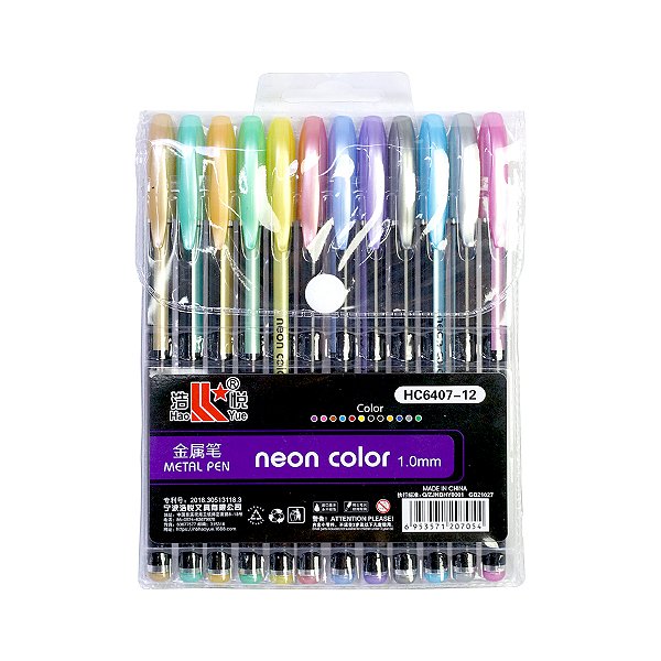 Kit Canetas Gel 12 Cores - Neon Cores Metálicas - 1.0  mm - Hao Yue