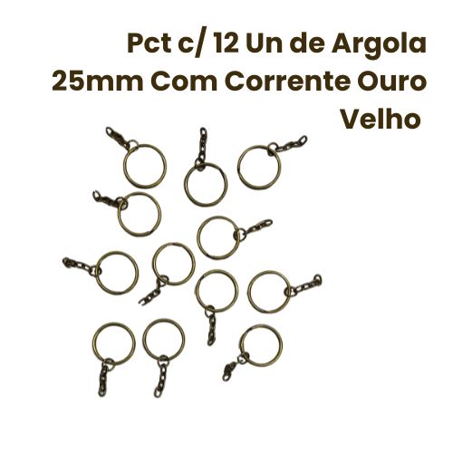 Pct c/ 12 Argolas de Chaveiro com Corrente Ouro Velho - 25mm
