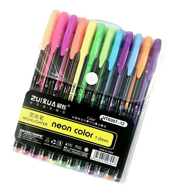 Kit Canetas Gel 12 Cores - Neon Cores Highlighter - 1.0  mm