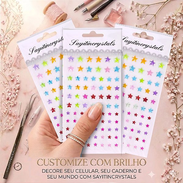 Cartela Adesiva c/ 80 Estrelas Coloridas em Acrílico