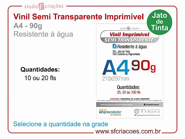 Vinil Imprimível SEMI TRANSPARENTE - A4 -90g (JATO DE TINTA)