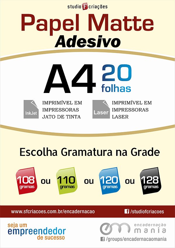 Papel fotográfico A4 - Matte Adesivo - Pacote com 20 fls - (Selecione gramatura e quantidade na grade)