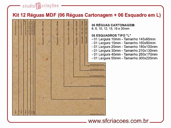 Kit 12 Réguas MDF (06 Reguas Cartonagem + 06 Esquadro em L)