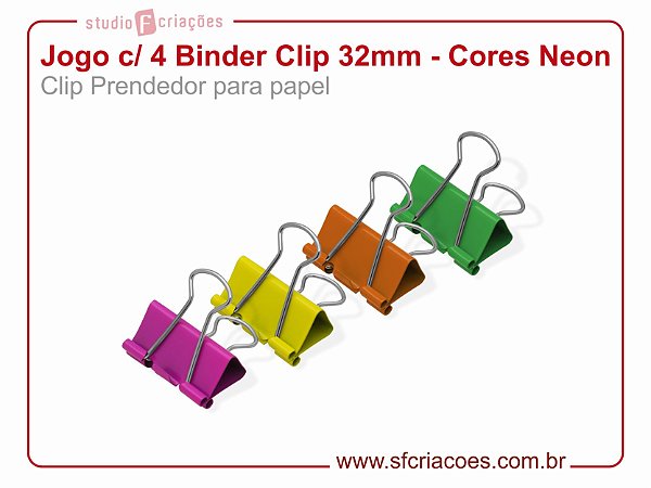Jogo c/ 4 Binder Clip 32mm - Cores Neon (Clip Prendedor para papel)