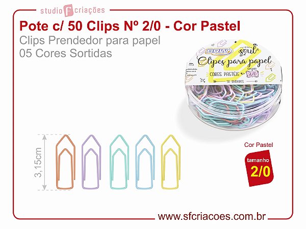 Pote c/ 50 Clips Nº 2/0 - Cores Pastel (5 cores sortidas)